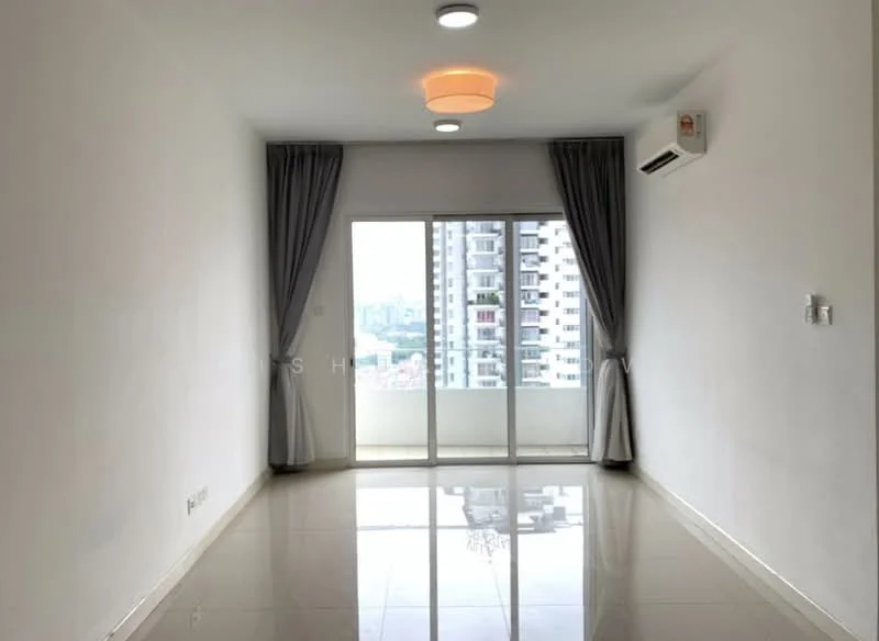 Living features: white painted walls, glossy tile flooring, 5-blade ceiling fan with light, recessed downlights, floor-to-ceiling sliding glass door, sheer curtains, wall-mounted split AC, city view; style: modern; view: city.