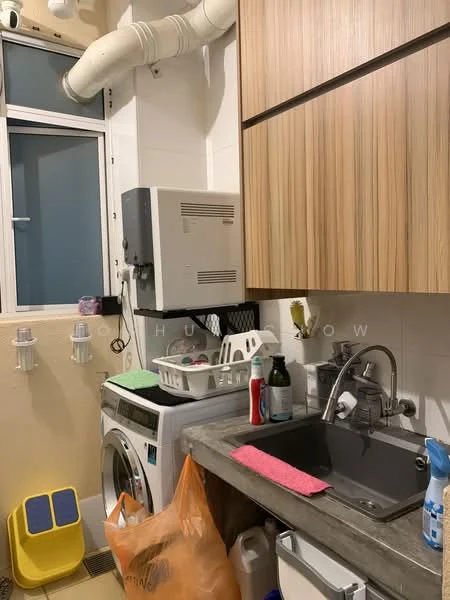 Laundry features: front-load washing machine, stainless-steel sink, chrome pull-down faucet, grey countertop, wood cabinetry, white tiled walls, window with blue frame, plastic storage baskets, cleaning supplies on countertop, orange trash bag, grey floor tiles; style: modern.