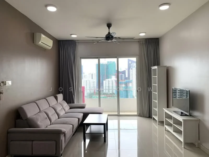 Living features: 3-seater fabric sofa in grey, coffee table, TV console, wall-mounted TV, floor-to-ceiling windows, sliding glass door, curtains, ceiling fan with light, wall-mounted split AC, glossy tile flooring, painted walls in brown, decorative wall, area rug; style: modern; view: city.