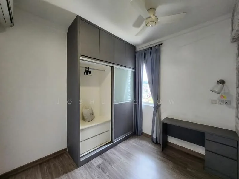 Bedroom features: built-in wardrobe with sliding glass doors, wooden flooring, ceiling fan, window with city view, desk with chair, curtains, air conditioning unit, light fixture on wall; style: modern; view: city.