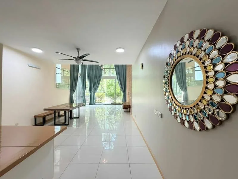 Living features: white painted walls, glossy white tile flooring, 5-blade ceiling fan with light, large floor-to-ceiling windows, sheer curtains, decorative mirror with colorful frame, dining table with benches, natural light from windows, open layout, view of greenery outside; style: modern; view: garden.