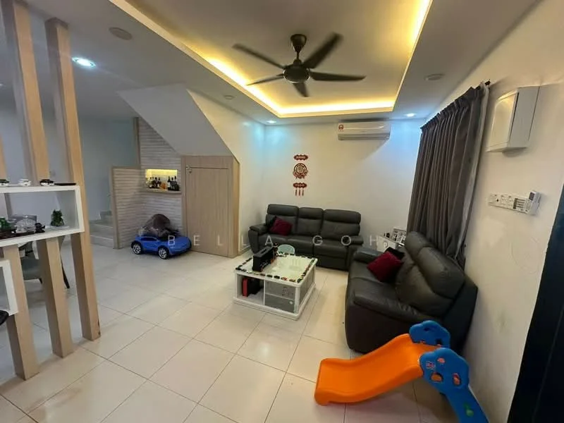 Living features: grey leather sectional sofa, black coffee table, white tile flooring, ceiling fan with light, recessed LED downlights, decorative wall paneling, curtains in dark grey, wall-mounted air conditioning unit, children's slide, toys on display shelves; style: modern.