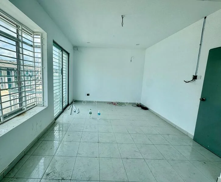 Room features: white painted walls, grey tiled flooring, floor-to-ceiling windows, sliding glass door, ceiling lights, wall-mounted electrical outlets, unfurnished space, no visible decor; style: modern.