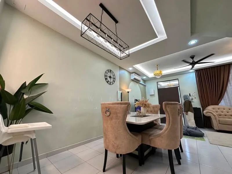 Dining features: rectangular dining table with white top, 4 upholstered dining chairs in beige, chandelier light fixture, 5-blade ceiling fan with light, wall clock, cream painted walls, tile flooring, curtains in brown, decorative plant in pot, sofa in light beige, air conditioning unit; style: modern.