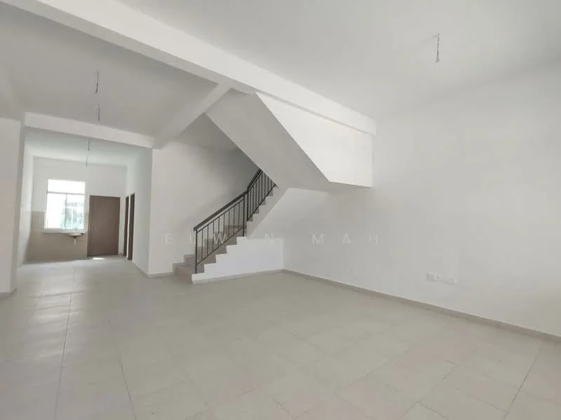 Room features: white painted walls, plain ceiling, tile flooring, staircase with metal railing, large window, open layout, neutral color scheme, no visible furniture; style: minimalist.