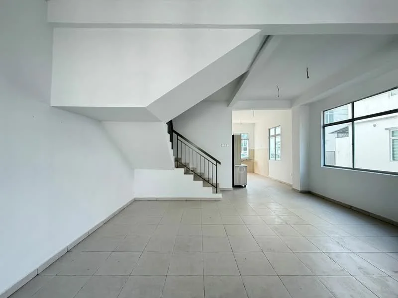 Room features: white painted walls, tile flooring, staircase with metal railing, large windows, open layout, natural light, corner space, neutral color scheme; style: modern.
