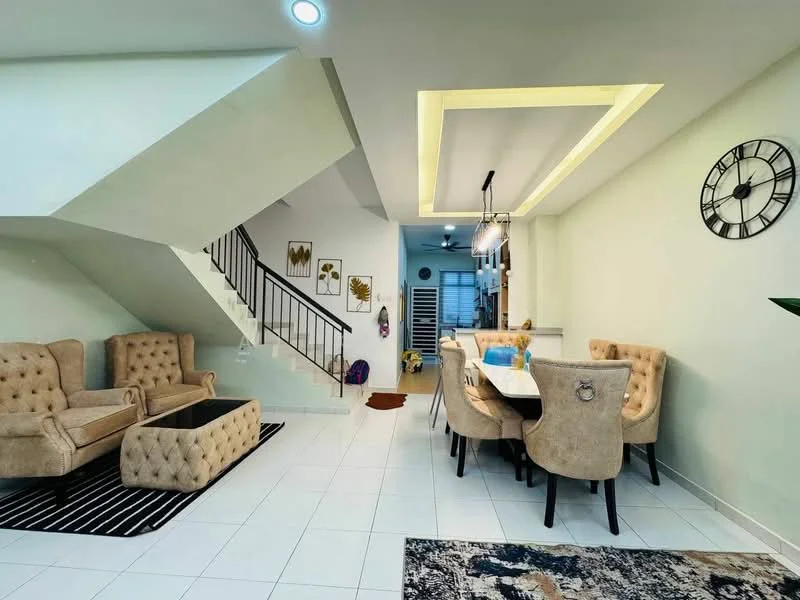 Living features: cream upholstered armchairs, tufted fabric sofa, coffee table, area rug with geometric pattern, wall clock, recessed ceiling lights, white painted walls, white tiled flooring, staircase with black railing; style: modern. Dining features: 6-seater dining table, upholstered dining chairs, pendant lighting, white walls, white tiled flooring; style: modern.
