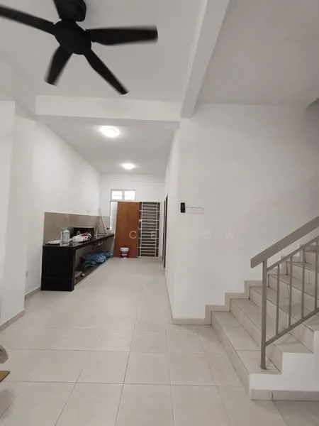 Room features: white painted walls, tile flooring, staircase with metal railing, ceiling fan, kitchen cabinetry, open space layout, window for natural light, storage area, utility area; style: modern.