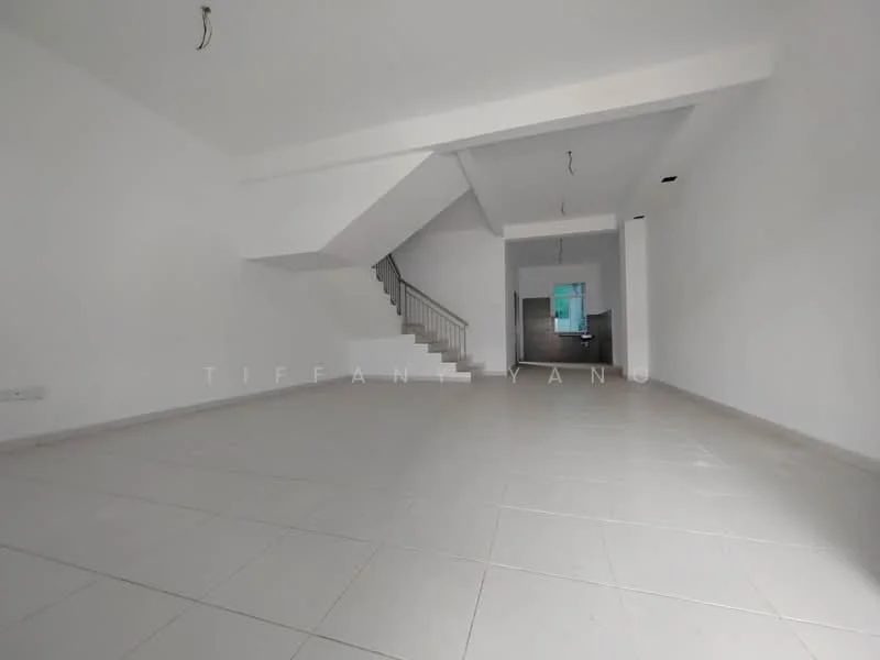 Room features: white painted walls, tile flooring, staircase with metal railing, large windows, open layout, ceiling lights, no visible furniture, neutral color scheme; style: modern.