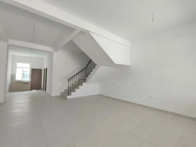 Room features: white painted walls, plain ceiling, tile flooring, staircase with metal railing, large window, open layout, neutral color scheme, no visible furniture; style: modern.