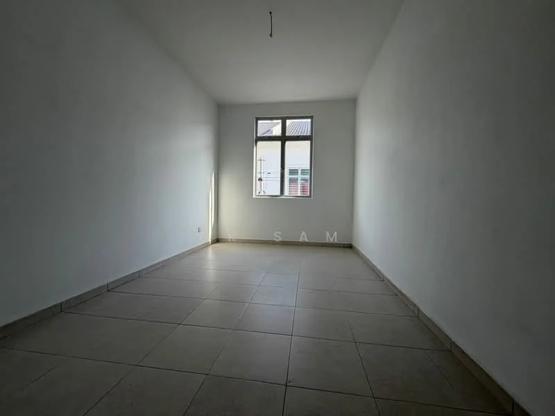 Room features: white painted walls, tile flooring, single window, natural light from window, no visible furniture, plain ceiling, no ceiling fixtures, neutral color scheme; style: minimalist.