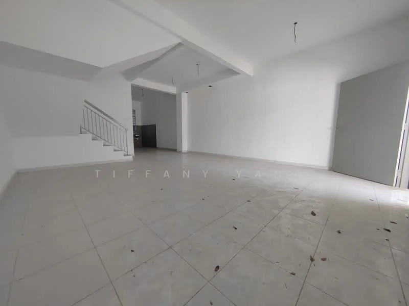 Room features: white painted walls, tile flooring, sliding door, staircase, high ceiling, natural light from windows, open layout, no visible furniture; style: minimalist.