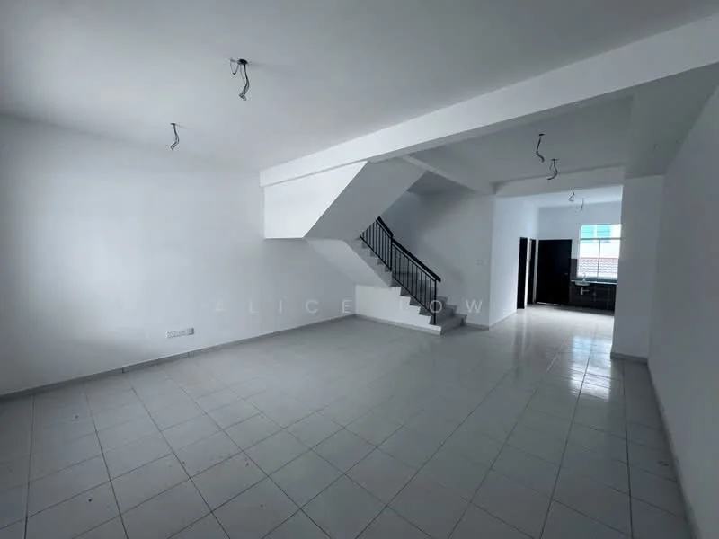 Room features: white painted walls, tile flooring, staircase with metal railing, recessed ceiling lights, large windows for natural light, open layout, no visible furniture, neutral color scheme; style: minimalist.