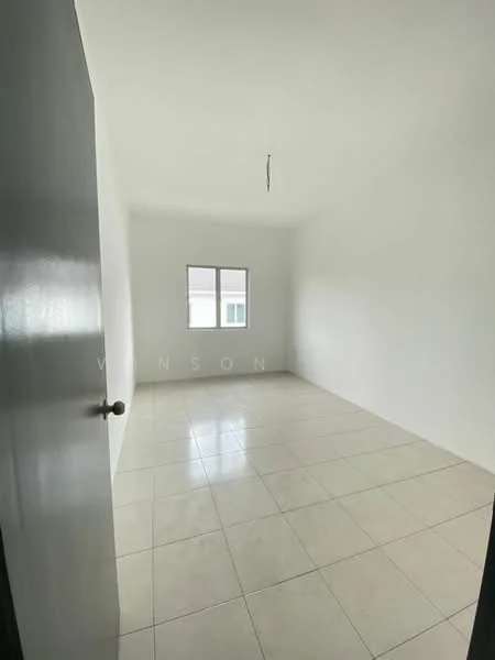Room features: white painted walls, glossy white floor tiles, single window, ceiling light fixture, plain ceiling, door, no visible furniture; style: minimalist.