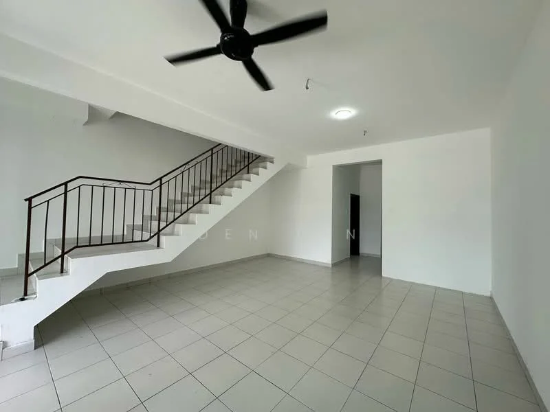 Room features: white painted walls, grey tiled flooring, staircase with metal railing, ceiling light, ceiling fan, open layout, large windows, no visible furniture; style: minimalist.