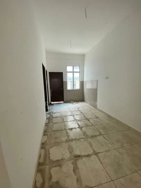 Room features: white painted walls, plain ceiling, tile flooring, single door, window with no treatments, unfinished space, light fixtures not installed, no visible furniture or decor; style: minimalist.