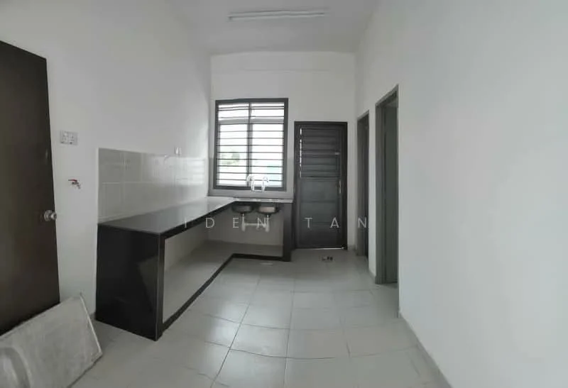 Kitchen features: black countertop, double-bowl stainless-steel sink, chrome pull-down faucet, white tiled backsplash, grey ceramic tile flooring, white painted walls, large window for natural light, built-in cabinetry, wall-mounted light fixture; style: modern.