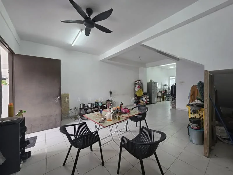Living features: white painted walls, tile flooring, 5-blade ceiling fan, dining table with chairs, kitchen area visible in background, open layout, natural light from window, refrigerator visible, kitchen cabinets visible, decorative items on table.