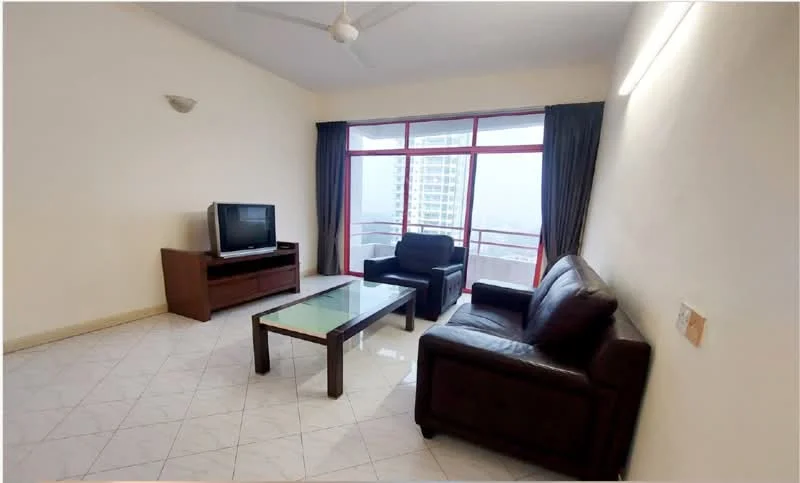 Living features: white painted walls, tile flooring, 5-blade ceiling fan, large window with city view, blackout curtains, 2-seater leather sofa, 1 armchair in black, wooden coffee table with glass top, TV console with television; style: modern; view: city.