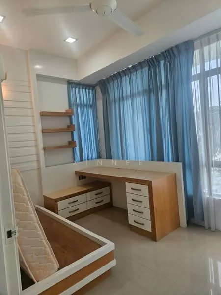 Bedroom features: floor-to-ceiling windows, blue sheer curtains, built-in desk with drawers, wooden cabinetry, cream wall paint, marble tile flooring, ceiling fan, open shelving, bed frame without mattress; style: modern; view: garden.