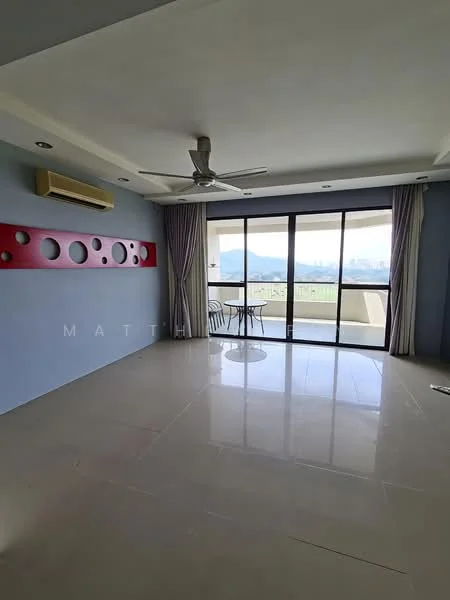 Living features: glossy marble tile flooring, light blue painted walls, red accent wall with circular cutouts, 5-blade ceiling fan with light, floor-to-ceiling sliding glass door, curtains, small round dining table with two chairs, mountain view visible through glass door; style: modern; view: mountain.