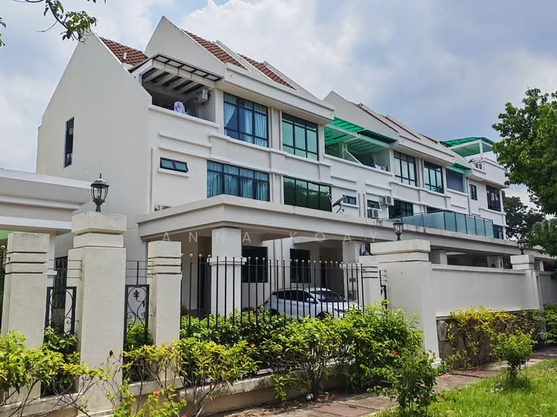 Exterior type: linked terrace house; features: white painted facade, flat roof, three-storey building, recessed balconies, glass railings on balconies, manicured landscaping, paved walkway, gated entry, outdoor lighting fixtures, greenery surrounding the property; style: modern.