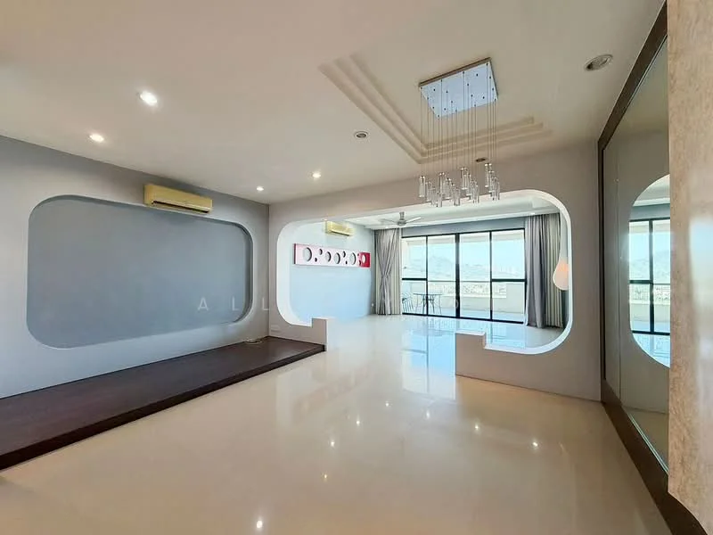 Living features: white painted walls, cream tiled flooring, tray ceiling with recessed lighting, 5-blade ceiling fan with light, floor-to-ceiling windows, curtains, decorative wall with cut-out design, chandelier, mirror wall, air conditioning unit; style: modern; view: city.