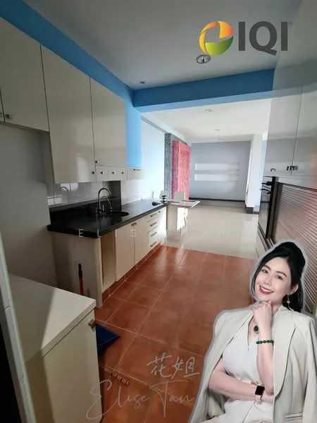 Kitchen features: black granite countertop, white cabinetry, single-bowl stainless-steel sink, chrome pull-down faucet, built-in oven, freestanding range oven, ceramic tile flooring, blue painted walls, window with natural light, wall-mounted cabinets, open shelving, tile backsplash; style: modern.