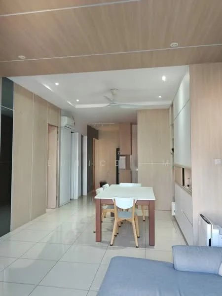 Living features: light-coloured wood panelled walls, white ceiling with recessed downlights, floor-to-ceiling windows, white tiled flooring, 5-blade ceiling fan, dining table with four chairs, sofa in grey fabric, built-in cabinetry, kitchen area visible in the background, open layout; style: modern. Room features: white walls, white cabinetry, refrigerator visible in the background.