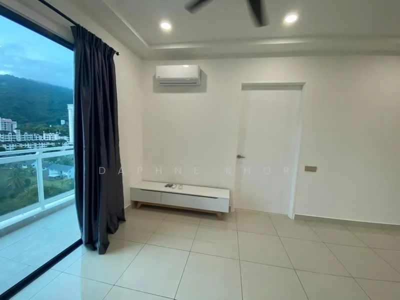 Room features: floor-to-ceiling windows, sliding glass door, grey curtains, white painted walls, ceiling fan, wall-mounted split AC, light-colored tile flooring, white console table, door, mountain view; style: modern; view: mountain.