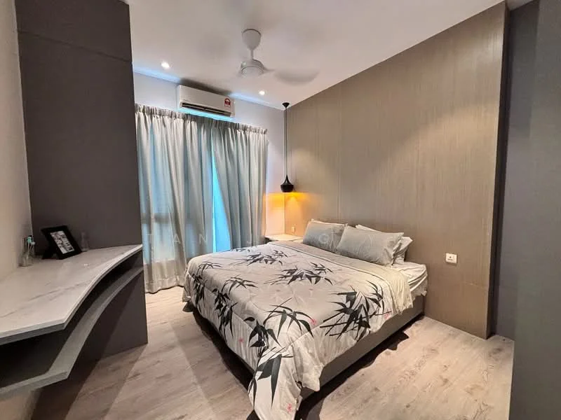 Bedroom features: king-size bed with grey bedding, upholstered headboard, bedside lamps, built-in wardrobe, wall-mounted air conditioning unit, ceiling fan, light wood flooring, curtains, decorative wall paneling, marble bedside table; style: modern.