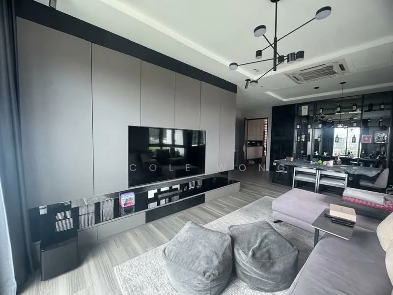 Living features: grey feature wall with built-in cabinetry, black wall-mounted TV, light grey area rug, 2 large bean bags in grey, 3-seater fabric sofa in light grey, black dining table with 4 chairs, pendant lighting with multiple bulbs, recessed ceiling lights, wooden flooring, large windows with sheer curtains; style: modern; view: city.