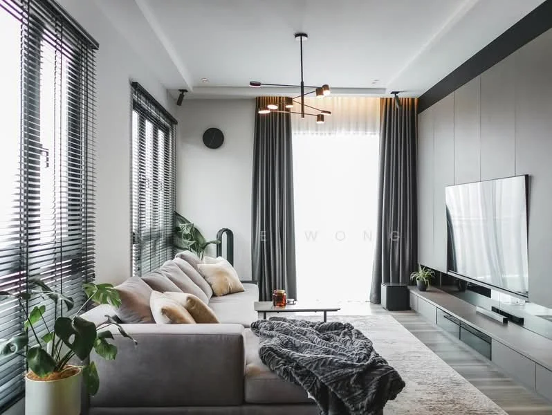 Living features: grey fabric sofa with multiple cushions, coffee table, wall-mounted TV, TV console with storage, area rug with geometric pattern, floor-to-ceiling windows, blackout curtains, sheer curtains, decorative wall clock, indirect lighting, plant in ceramic pot, recessed ceiling lights, modern pendant light fixture; style: modern.