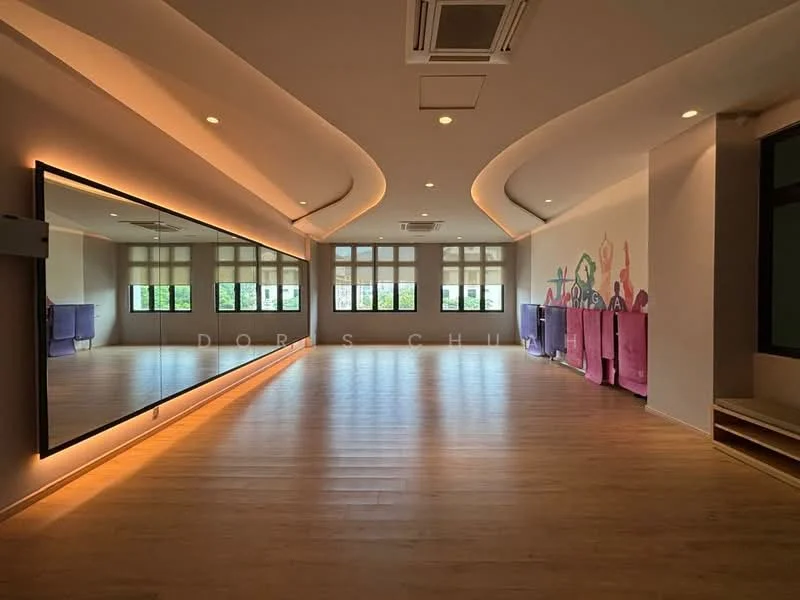 Room features: wooden flooring, large wall mirror, recessed ceiling lights, air conditioning unit, multiple windows, decorative wall art, curved ceiling design, open layout; style: modern; view: garden.