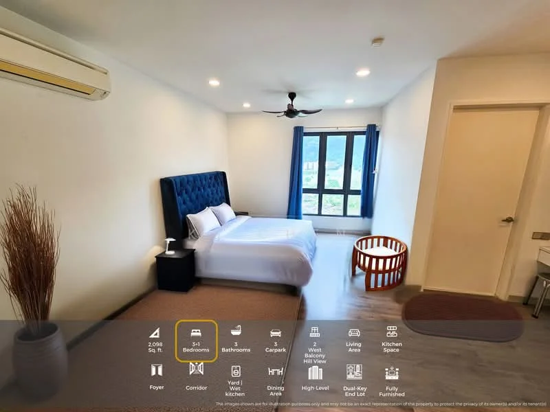 Bedroom features: queen-size bed with white bedding, upholstered headboard in dark fabric, 2 bedside lamps, ceiling fan with light, floor-to-ceiling windows, wooden flooring, decorative rug, built-in wardrobe, wall-mounted air conditioning unit, neutral painted walls; style: modern; view: city.