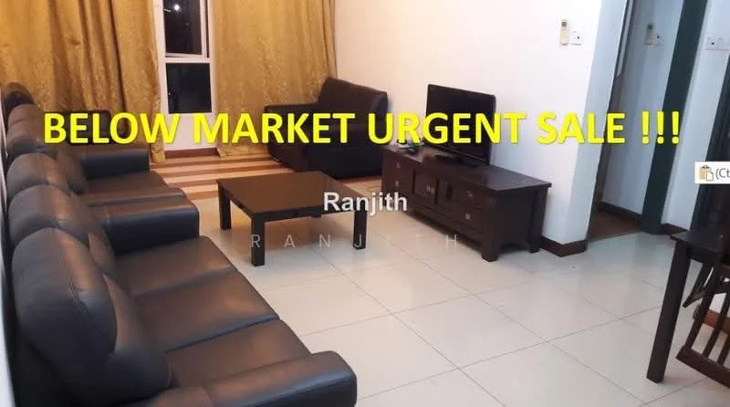 Living features: 3-seater leather sofa in black, 2-seater leather sofa in black, coffee table, TV console, wall-mounted TV, cream painted walls, white tiled flooring, curtains in gold, lampshade, wooden side table, decorative wall art; style: modern.