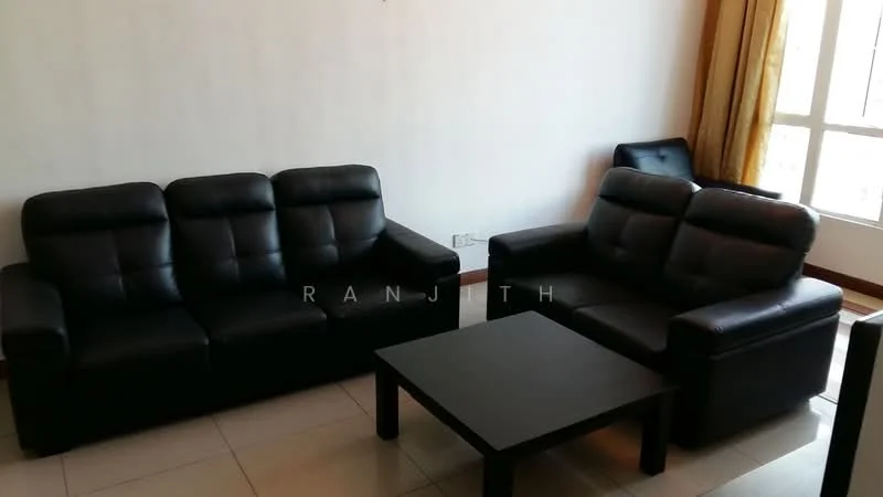 Living features: 2-seater leather sofa in black, 3-seater leather sofa in black, black coffee table, cream tiled flooring, white painted walls, floor-to-ceiling windows, yellow curtains; style: modern.