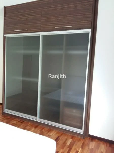 Bedroom features: built-in wardrobe with sliding glass doors, wooden flooring, dark wood cabinetry, neutral wall colour, minimalist design; style: modern.