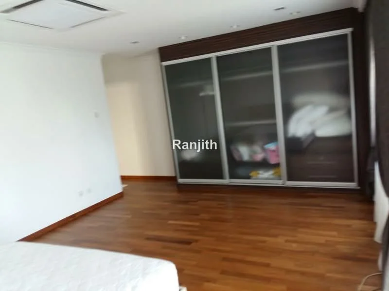 Bedroom features: wooden flooring, white painted walls, built-in wardrobe with sliding doors, recessed ceiling lights, air conditioning unit, large window with dark curtains; style: modern.
