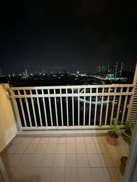 Balcony features: metal railing, tiled flooring, potted plants, city skyline view, night lighting; view: city.