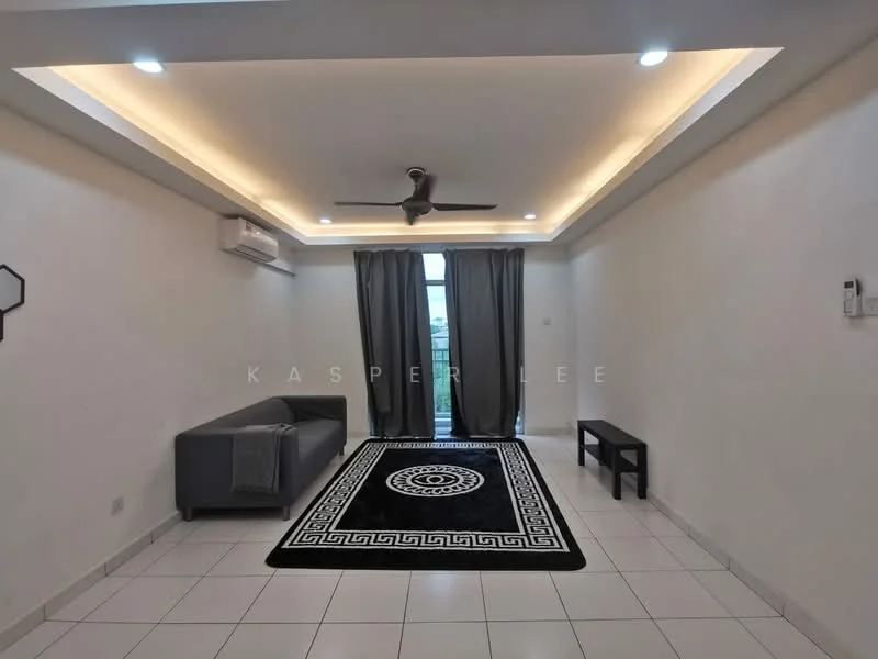 Living features: white painted walls, recessed ceiling with LED lighting, 5-blade ceiling fan with light, large sliding glass door, floor-to-ceiling windows, black area rug with geometric pattern, grey fabric sofa, small black coffee table, white tiled flooring, air conditioning unit; style: modern.