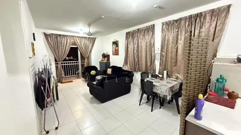 Living features: 3-seater fabric sofa in black, ceiling fan, white painted walls, tile flooring, curtains in beige, dining table with tablecloth, black dining chairs, balcony door, decorative wall art, clothes rack, kitchen counter with storage, green glassware on counter; style: modern; view: city.