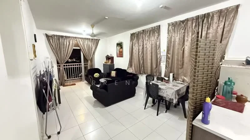 Living features: black fabric sofa, 2-seater sofa, coffee table, dining table for 4, white tiled flooring, curtains in beige, ceiling fan, wall-mounted decor, balcony access, decorative wall art; style: modern; view: city.