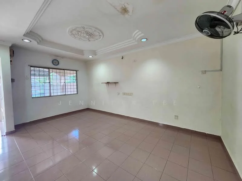 Room features: cream painted walls, white ceiling with crown moulding, recessed downlights, ceiling fan, tiled flooring in light brown, window with grid pattern, wall-mounted shelf, light switch panels.