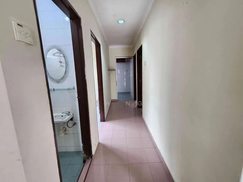 Hallway features: white painted walls, ceramic tile flooring in light beige, ceiling with recessed lighting, door frames in dark wood, mirror on wall, bathroom door visible, door to another room visible, light switch on wall.