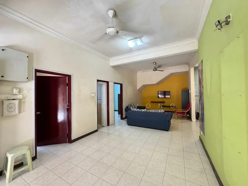Living features: white painted walls, green accent wall, ceramic tile flooring, 5-blade ceiling fan with light, sofa in blue fabric, TV mounted on wall, coffee table, decorative wall art, recessed lighting, doorway leading to other rooms; style: modern.