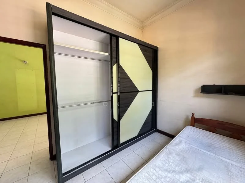 Bedroom features: sliding wardrobe with geometric design, white interior of wardrobe, wooden bed frame, mattress on bed, cream painted walls, tile flooring, ceiling with crown moulding, wall-mounted shelf.