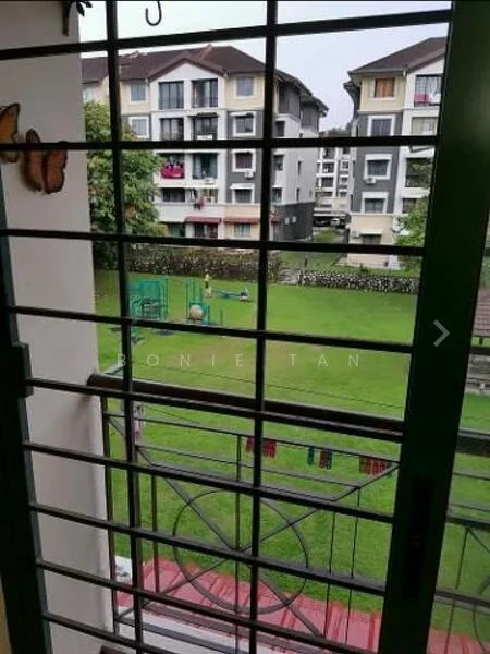 Room features: green grass lawn, playground equipment, residential buildings in background, window with metal grille, balcony view, clothesline visible, butterfly decoration on window, outdoor seating area; view: garden.