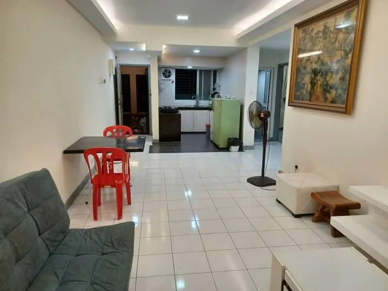 Living features: white painted walls, ceramic tile flooring, recessed downlights, 5-blade ceiling fan, sofa in grey fabric, 2 red plastic chairs, small dining table, decorative painting on wall, open layout to kitchen, window with natural light; style: modern. Kitchen features: white cabinetry, green refrigerator, stainless-steel sink, built-in oven, ceramic tile flooring, window for natural light; style: modern.