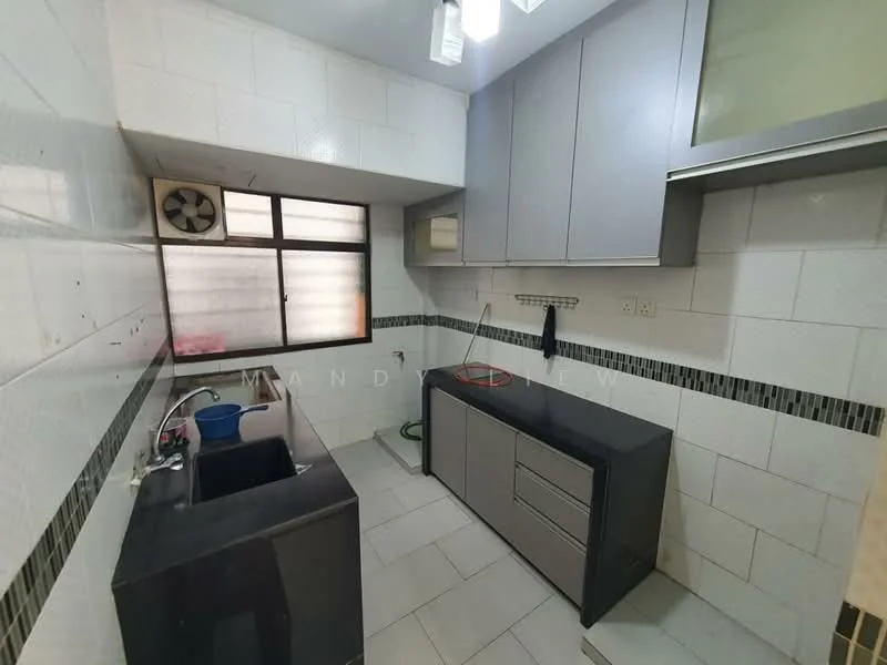 Kitchen features: single-bowl stainless-steel sink, chrome pull-down faucet, black countertop, grey cabinetry, wall-mounted air conditioning unit, white tiled walls, grey tiled flooring, window with horizontal blinds, exhaust fan, built-in upper cabinets; style: modern.